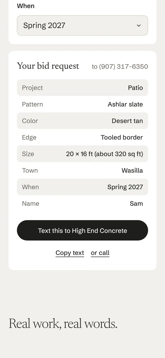 The bid request, ready to send as a text
