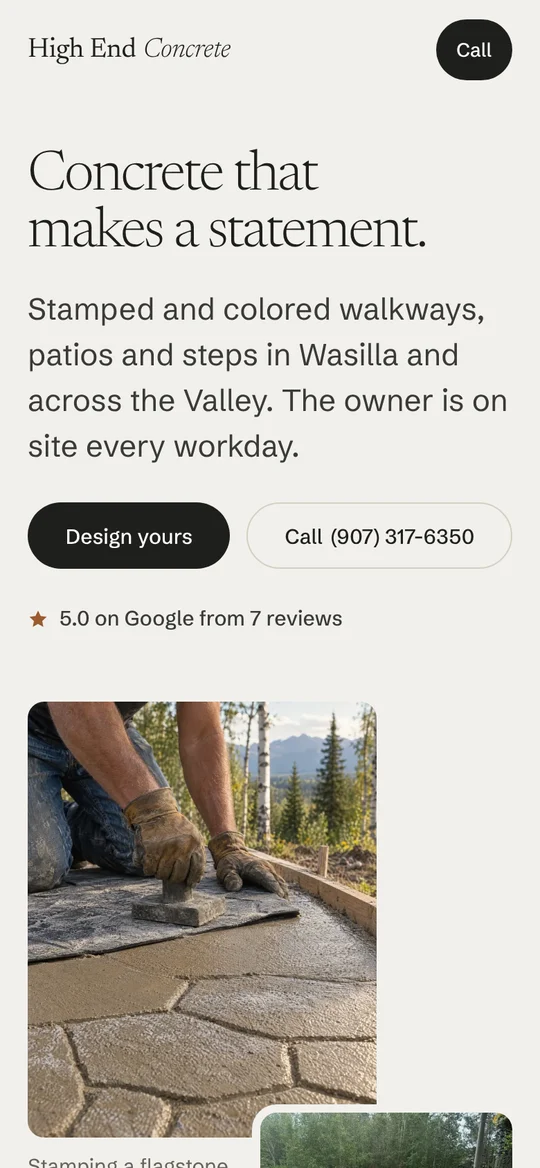 The new High End Concrete website on a phone