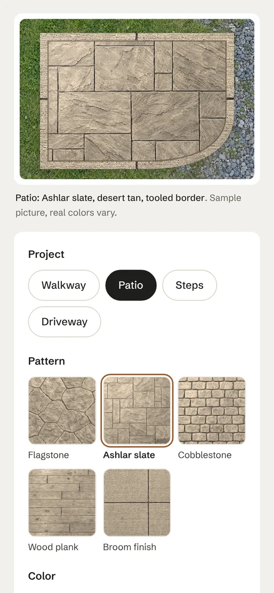 The design tool: a patio in ashlar slate, desert tan