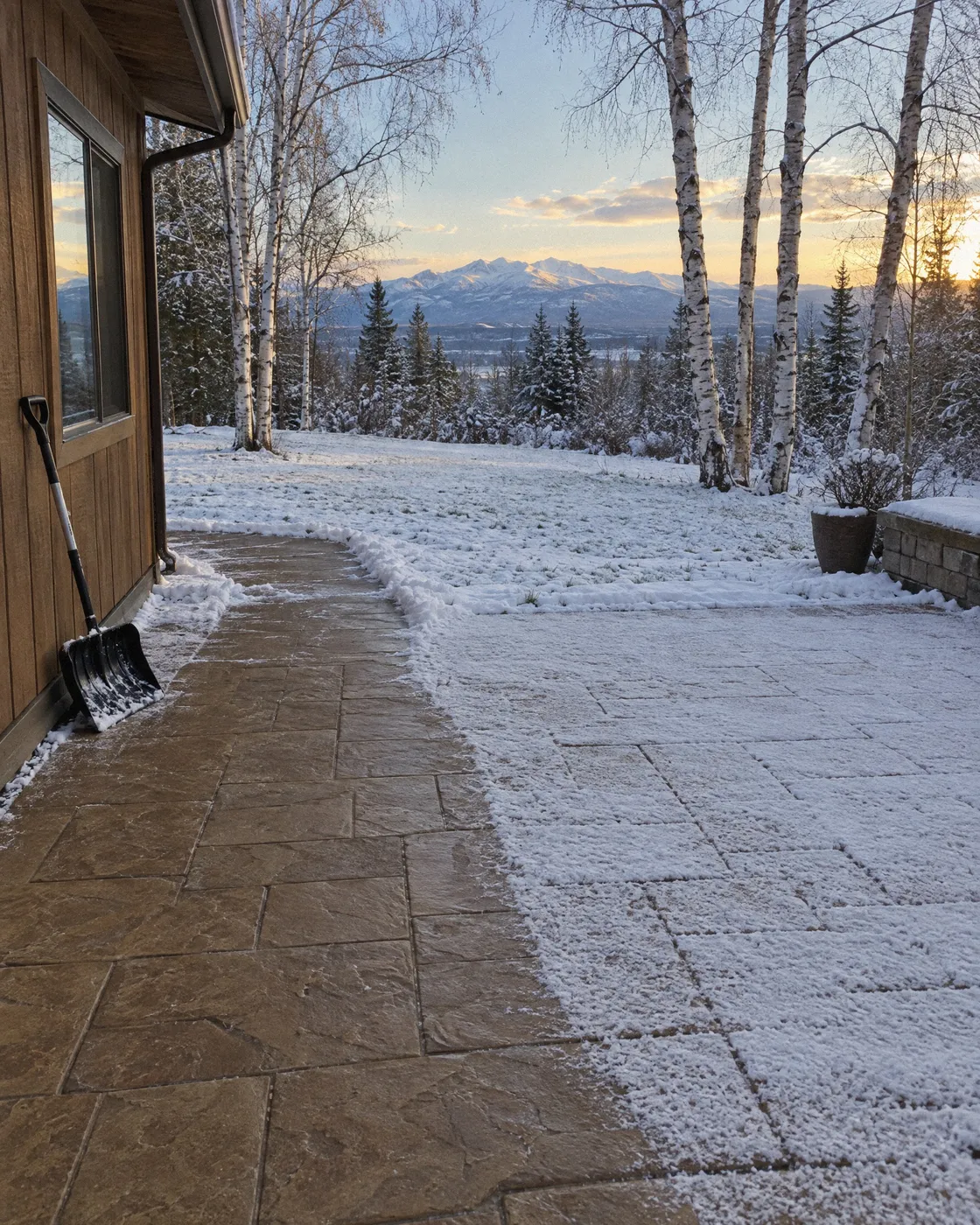 A stamped patio with a light dusting of snow behind a house in Wasilla